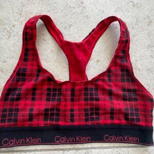 CALVIN KLEIN Unlined Bralette Bra Top Medium Red Black Scotch Plaid Crop NWOT